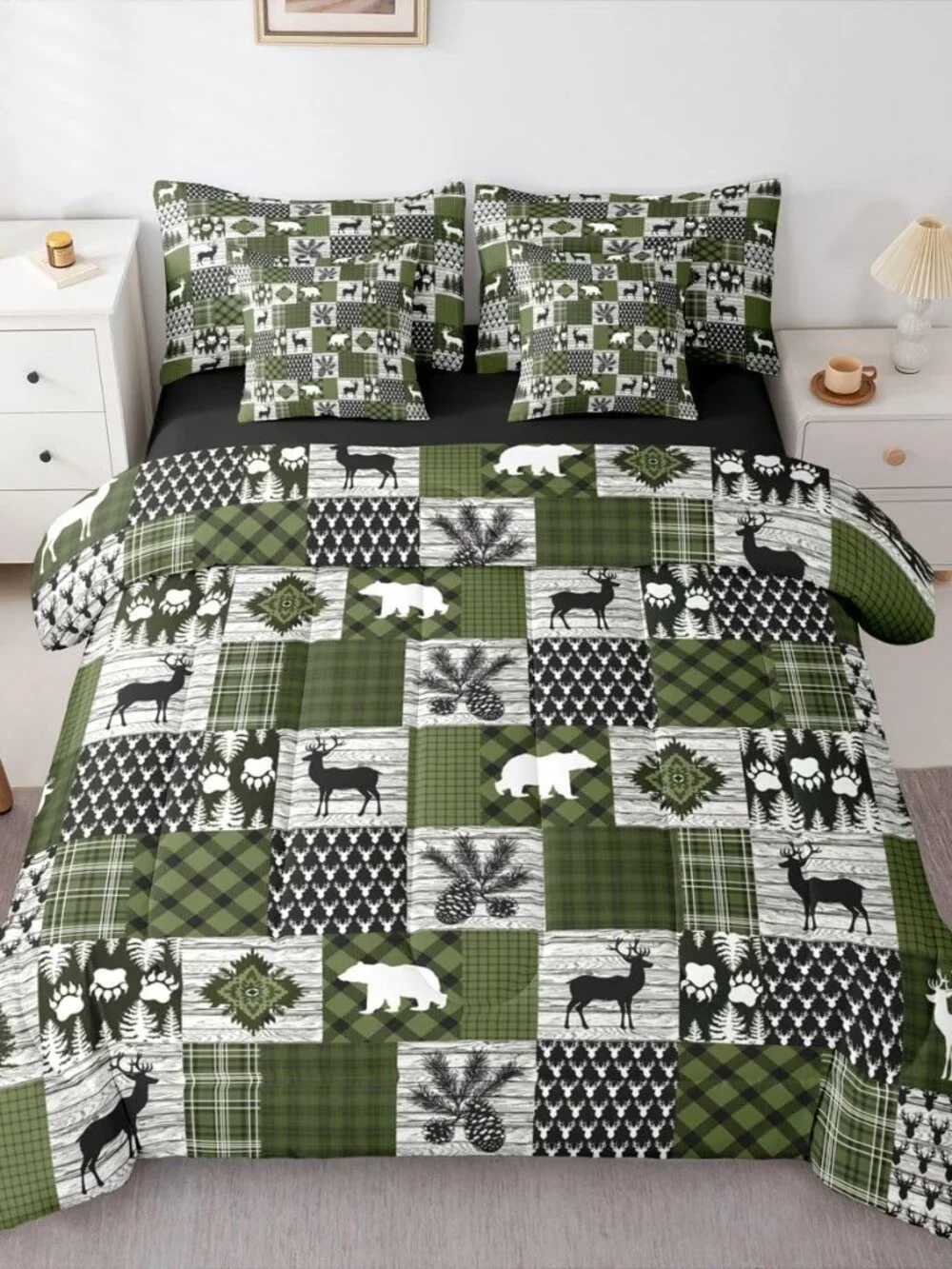 Lodge Plaid Comforter Set King Size 7 Pieces Bear Deer Bedding Set for Kids Boys